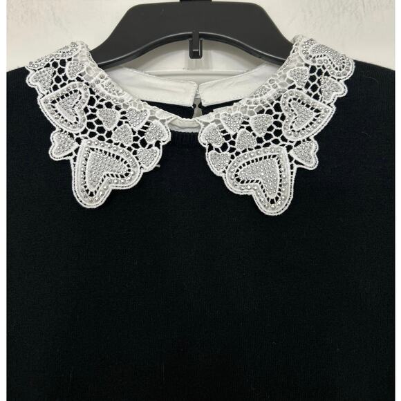 Siani Milano Black Lace Embellished Collared Sweater Size Medium Dainty Feminine - Picture 6 of 10